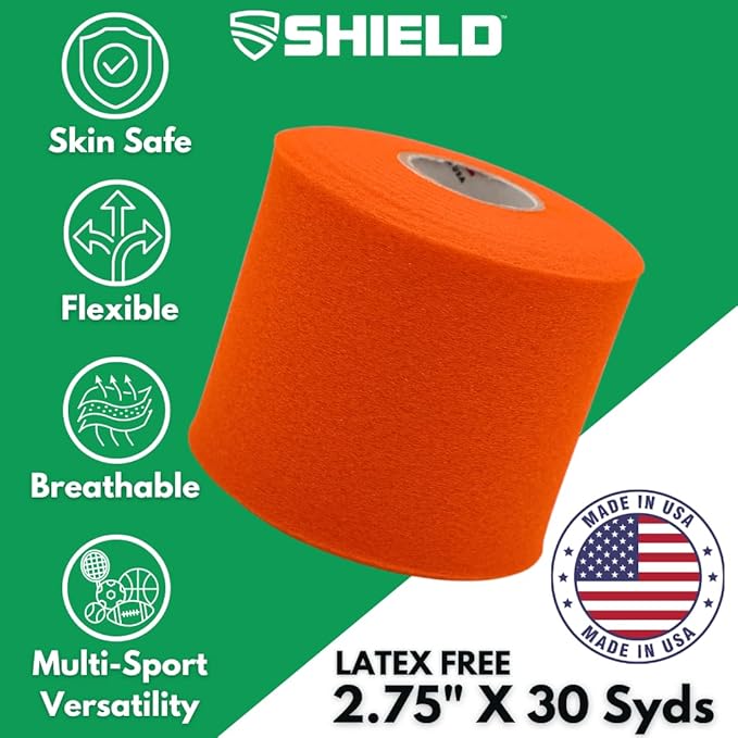 Shield Athletic Underwrap | Bulk Case of 48 Rolls of PreWrap, Hair Tie, Headband, USA Made, Pre-Wrap Athletic Tape, 2.75" X 30 SYards, Foam Barrier, Flexible, Breathable (Orange)