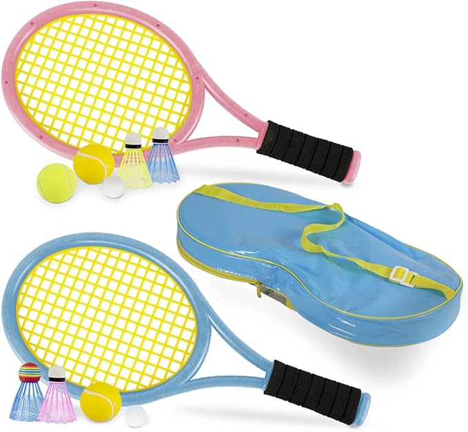 Kids Tennis Rackets with Carrying Bag,Soft Training Balls and Badminton Birdies,12 in 1 Tennis Racquets Gift Set for Children Outdoor Indoor Sports