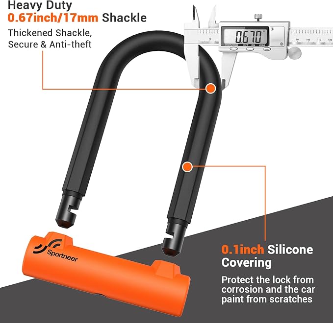 Sportneer Bike U Lock - Heavy Duty Anti Theft Bike Lock with 5ft Security Steel Cable - 17mm Shackle Bicycle U-Locks with Keys & Sturdy Mounting Bracket for Road, Mountain, Electric Bike - Orange