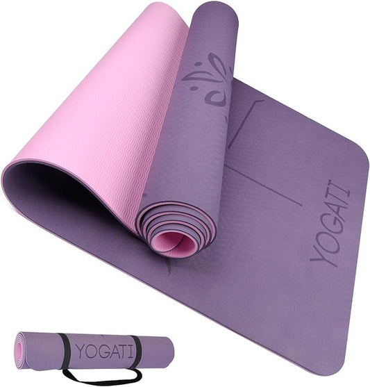 YOGATI® Non Slip Yoga Mat with Alignment Lines. Home Workout Mat for Women, Men and Kids. Thick Yoga Mats with Strap for Pilates and Fitness.