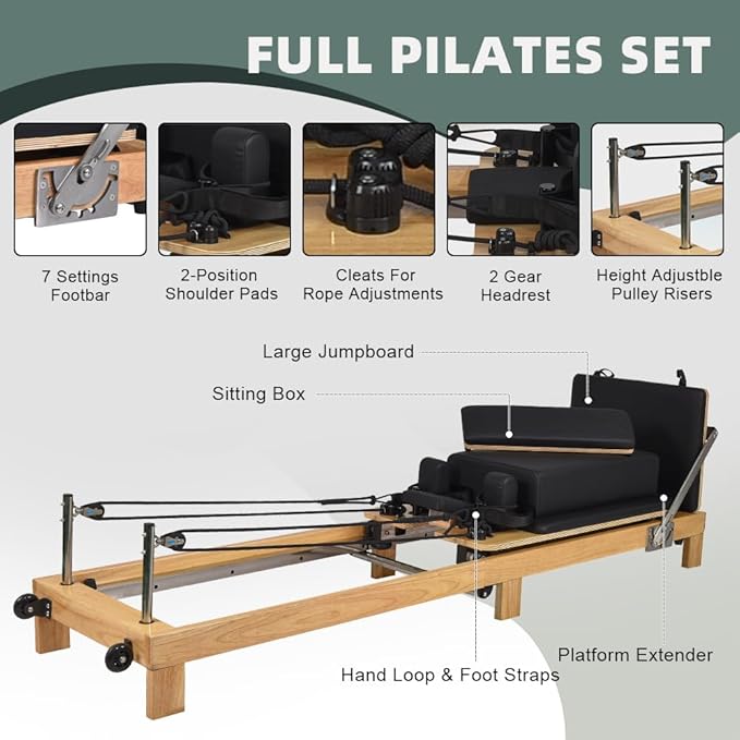 Pilates Reformer- Foldable Wood Yoga Exercise Machine Fitness Equipment with Reformer Box Jump Board Foot Strap, Durable and Quiet, Pilates Equipment up to 600 lbs Weight Capacity