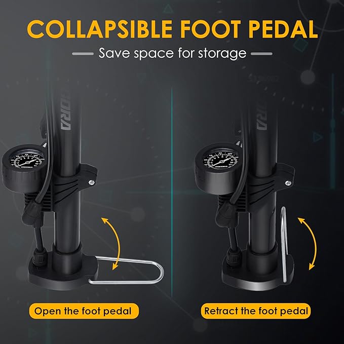 Bike Pumps for Bicycle Tyres with Pressure Gauge, Portable with Presta & Schrader Valves, Bike Air Pump, Foot Pump for Tires, Inflatables & Balls