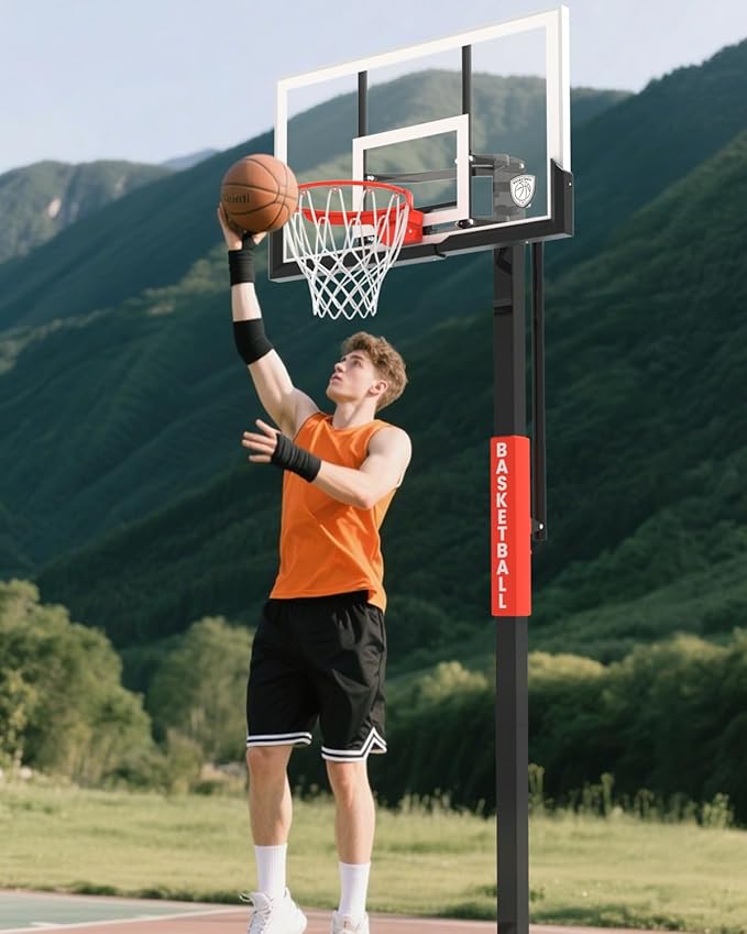 IGL In Ground Basketball Hoops, 54 Inch Tempered Glass Backboard Basketball Hoop Outdoor, 7.5-10 FT Height Adjustable Basketball Hoops & Goals System, Reinforced and Thickened Square Tube Iron Steel
