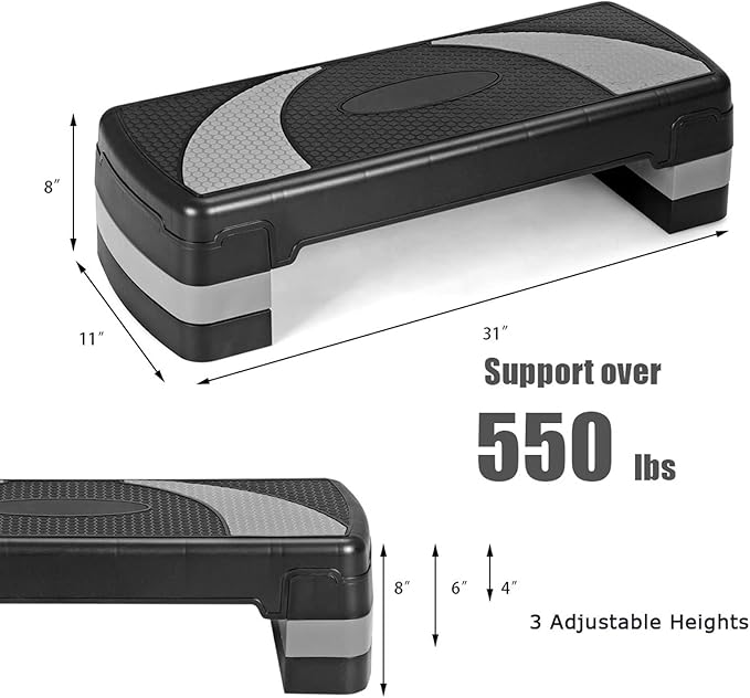 GYMAX Adjustable Aerobic Stepper, 3-Level Height Workout Platforms with Non-slip Pads, Shock-absorb & Anti-slip Surface, 31” Exercise Step Platform with Detachable Risers