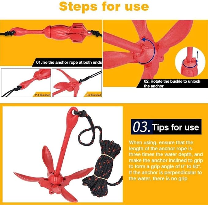 ISURE MARINE Kayak Anchor Kits Portable Folding Grapnel Anchor Buoy Kit Canoe Kayak Raft Boat Sailboat Fishing 3.5 lbs Marine Rope for Small Boats, Kayaks Jet Ski (Red or Green)