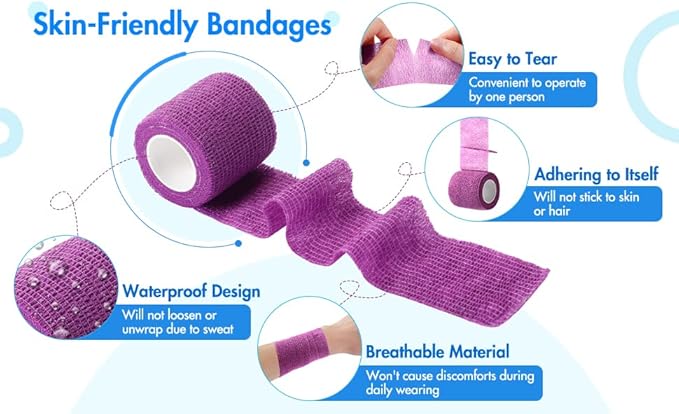Treela 64 Pack 2" x 5 Yards Self Adhesive Cohesive Bandage Wraps, Elastic Breathable Athletic Tape, Flexible Self Adherent Bandage Rolls for Wrist, Ankle, Fingers, Sports & Pets (Multi Color)