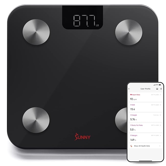 Sunny Health & Fitness 20 Metric Advanced Body Fat Composition BMI Scale with Health Tracker & Analyzer App - Smart Bathroom Scale for Body Weight, Metabolic Age, BMR, Fat Mass and More – SF-WS022063