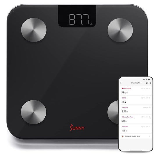 Sunny Health & Fitness 20 Metric Advanced Body Fat Composition BMI Scale with Health Tracker & Analyzer App - Smart Bathroom Scale for Body Weight, Metabolic Age, BMR, Fat Mass and More – SF-WS022063
