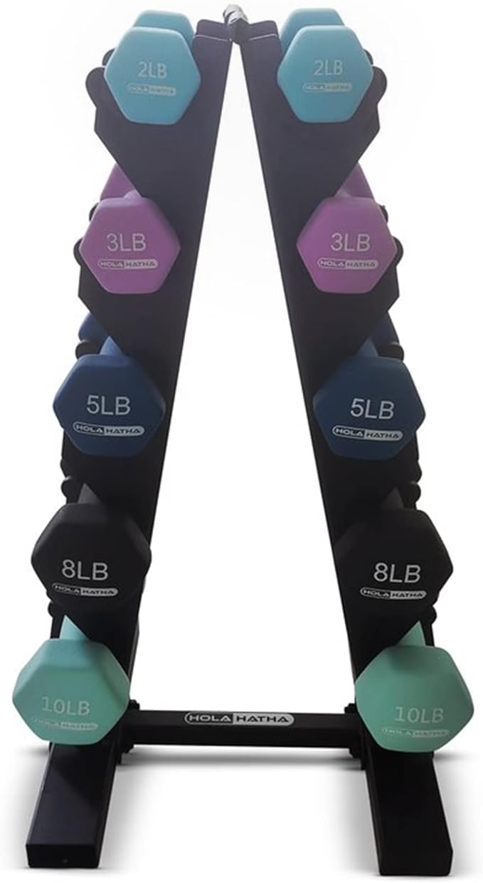 HolaHatha 2, 3, 5, 8, and 10 Pound Neoprene Dumbbell Free Hand Weight Set with Rack, Ideal for Home Exercises to Gain Tone and Definition, Pastel
