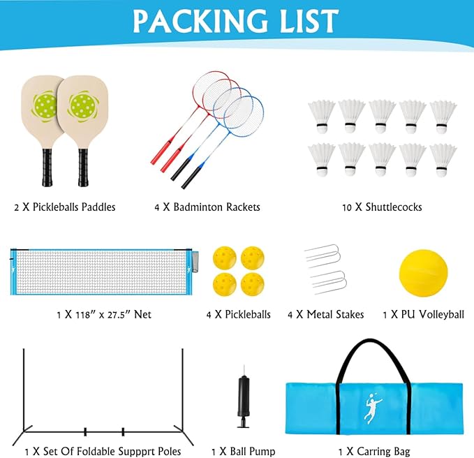 Pickleball Badminton Net Set for Backyards, All-in-One Portable Volleyball Combo Set with Adjustable Net, Volleyball Pickleball Paddles & Badminton Rackets for Indoor Outdoor