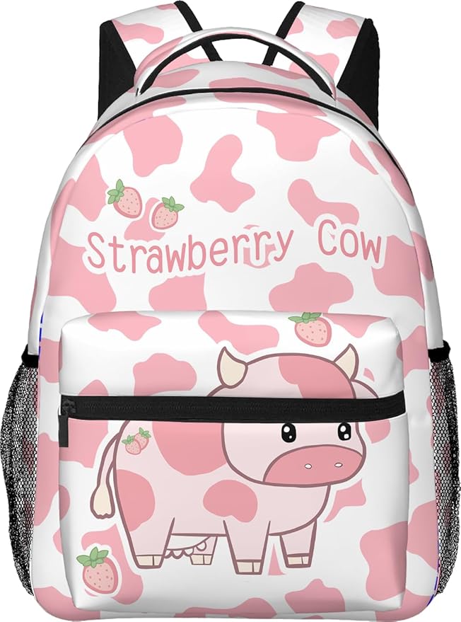 Cute Pink Strawberry Cow Print Backpack for Boys Girls Bookbags Lightweight Adjustable Elementary Middle High School Bags for Kids Children Teenagers Travel Daypack Laptop Hiking Backpacks