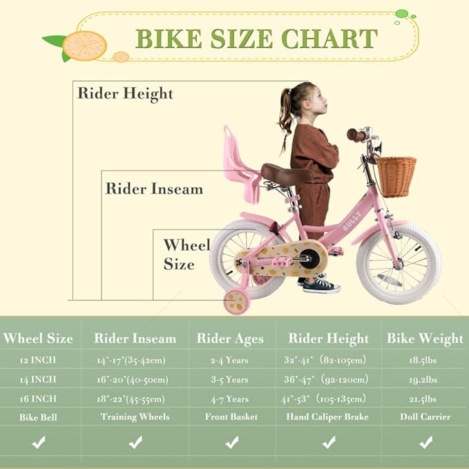 RULLY Fruit Kids Bike 12 14 16 Inch Bicycle for Girls Ages 2-7 Years, Training Wheels Included, Girl Bikes with Basket & Doll Seat