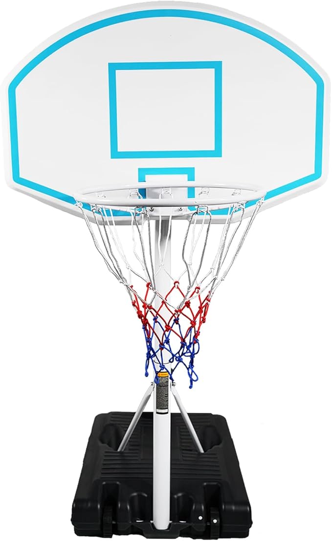Pool Basketball Hoop, Adjustable Poolside Basketball Hoop with Wheels, Outdoor Height Adjustable Swimming Pool Basketball Goal Set, Perfect for Swimming Pool & Home Play