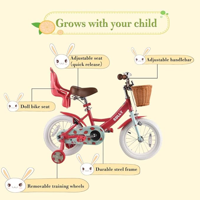 RULLY Fruit Kids Bike 12 14 16 Inch Bicycle for Girls Ages 2-7 Years, Training Wheels Included, Girl Bikes with Basket & Doll Seat