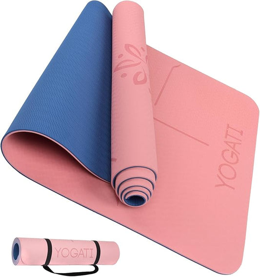 YOGATI® Non Slip Yoga Mat with Alignment Lines. Home Workout Mat for Women, Men and Kids. Thick Yoga Mats with Strap for Pilates and Fitness.