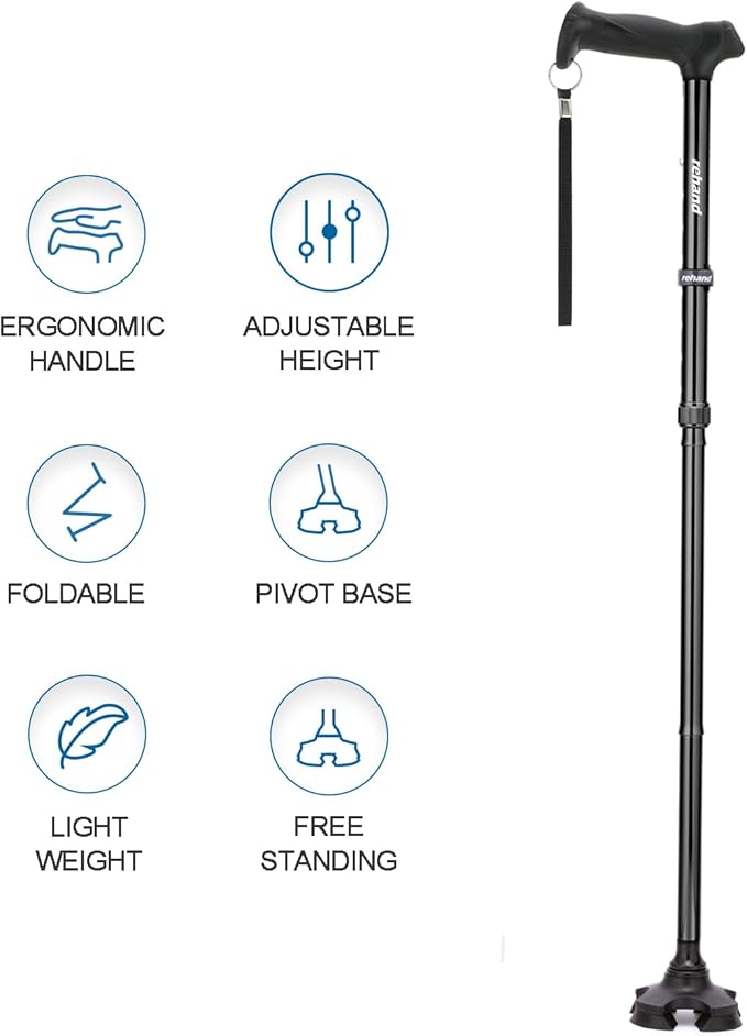 REHAND Walking Cane for Men & Women - Foldable, Adjustable, Lightweight, Self Standing Pivot Walking Cane, Soft Handle Grip, with Travel Bag, Walking Sticks for Seniors & Adults