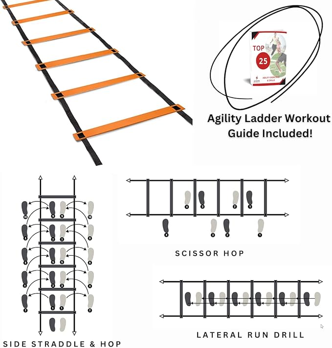 DELUXE EDITION Agility Ladder Training Set - 13 Rung 21ft Agility Ladder w/13 Disc Cones, Carry Bag - Improve Speed & Strength Soccer, Football, Basketball w/4 Steel Pegs for Outdoor Workout Charts