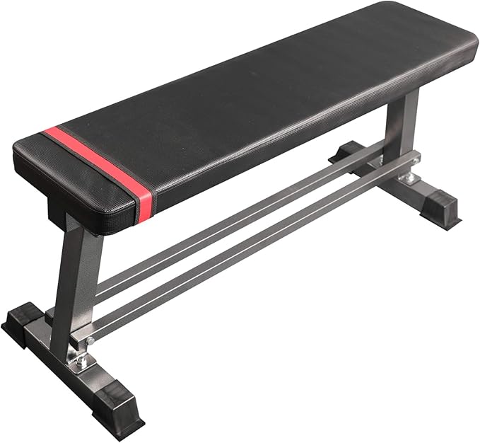 Fitness Maniac Flat Weight Bench with Built-in Dumbbell Rack Workout Bench Strength Training Bench Press for Home Gym Black