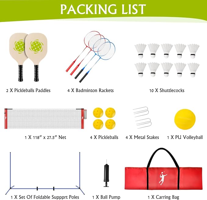 Pickleball Badminton Net Set for Backyards, All-in-One Portable Volleyball Combo Set with Adjustable Net, Volleyball Pickleball Paddles & Badminton Rackets for Indoor Outdoor