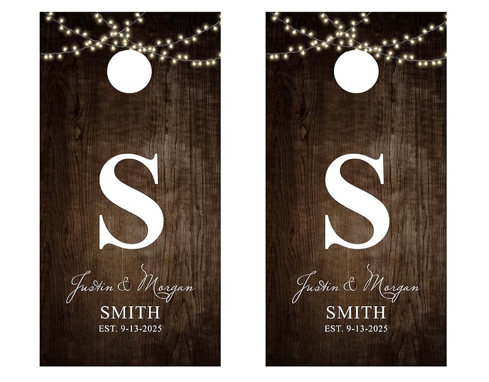 Wedding/Couples Cornhole Wraps #828 - Lights/Wood Couples Cornhole Wraps - Cornhole Graphic Decals - Includes Application Squeegee - Set of (2) 25" x 49" Wraps with Gloss Laminate