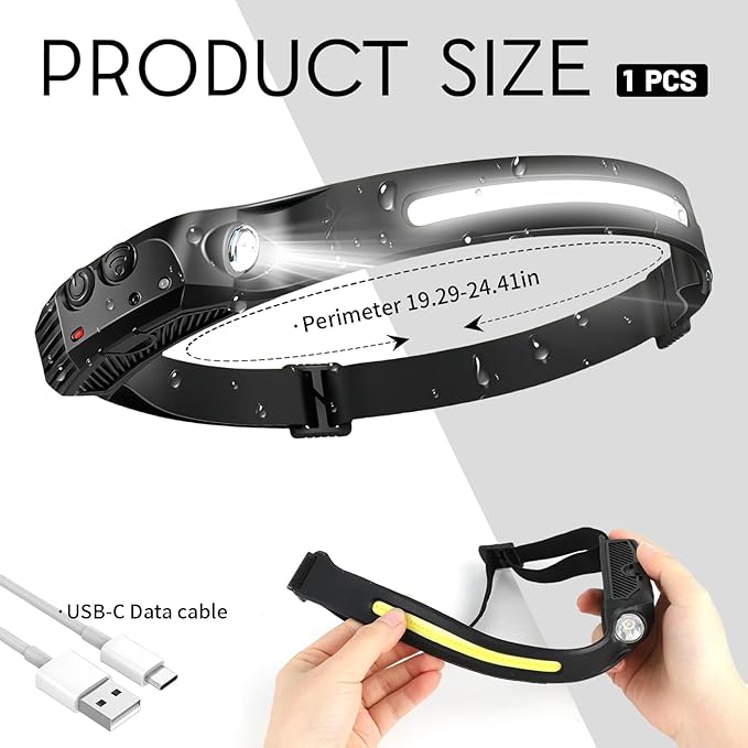 Headlamp 4 PCS, 230° Wide Beam Head Lamp, Motion Sensor LED Headlamp Rechargeable, 5 Mode Headlight Flashlight for Camping Fishing Hiking Gear, Bright, and Ideal for Hard Hats and Forehead Use!