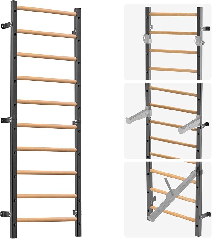 Wood Stall Bar, 2"x2" Swedish Ladder with 1" Hole, 11 Strategic Rods, Wall Mounted Suspension Trainer for Home, Gym, School and Clinic