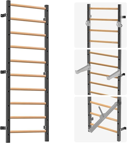 Wood Stall Bar, 2"x2" Swedish Ladder with 1" Hole, 11 Strategic Rods, Wall Mounted Suspension Trainer for Home, Gym, School and Clinic