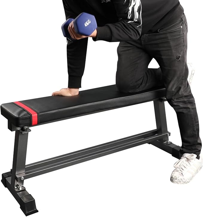 Fitness Maniac Flat Weight Bench with Built-in Dumbbell Rack Workout Bench Strength Training Bench Press for Home Gym Black