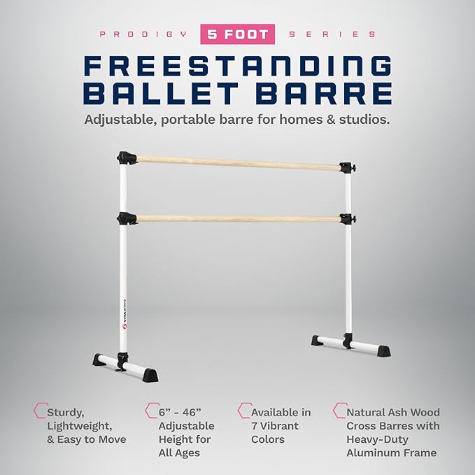 VITA Barre Portable Freestanding Double Ballet Barre, Prodigy, Wood | Adjustable Height, USA Made, Home or Gym Exercise Equipment for Kids & Adults | Dance, Fitness, Pilates