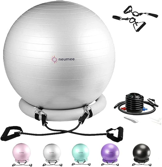 Exercise Ball Chair with Resistance Bands, Yoga Ball Office Chair with Stability Base for Home Gym, Workout Ball for Fitness, Large Size 65 cm