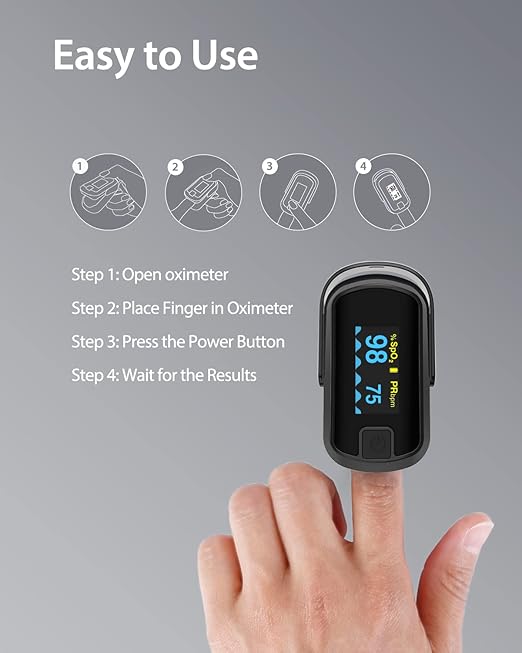 MIBEST Black OLED Finger Pulse Oximeter - Blood Oxygen Saturation Monitor - SPO2 Pulse Oximeter - Portable Oxygen Sensor with Included Batteries - O2 Saturation Monitor with Respiration Rate and PI