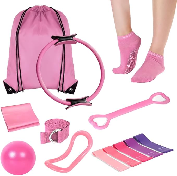 Pilates Ring and Ball Set, 6 Pcs Home Pilates Kit with 13” Circle Circle Yoga Ring 3 Resistance Bands 9.8” Pilates Ball Pilates Grip Socks, Pilates Essential Kit for Women Girl Home Workouts