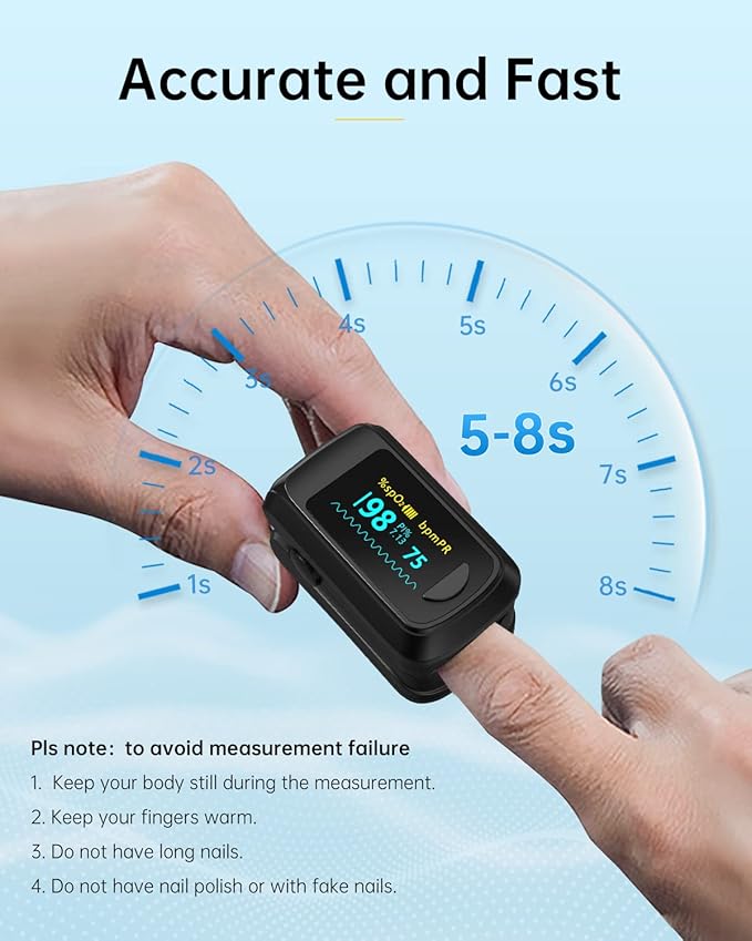 Fingertip Pulse Oximeter Blood Oxygen Monitor Pulse Ox, Heart Rate and Fast Spo2 Reading Oxygen Meter with OLED Screen Included Batteries and Lanyard