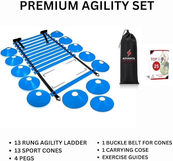 DELUXE EDITION Agility Ladder Training Set - 13 Rung 21ft Agility Ladder w/13 Disc Cones, Carry Bag - Improve Speed & Strength Soccer, Football, Basketball w/4 Steel Pegs for Outdoor Workout Charts