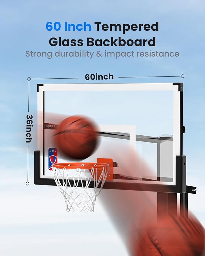 IGL In-Ground Basketball Hoops with 54-60 Inch Tempered Glass Backboard,7.5-10ft Height Adjustable Basketball Goal System, Reinforced and Thickened Square Tube Iron Steel