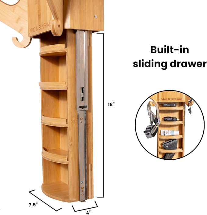 LISS The Sun Rack - Premium Wood Surfboard Wall Mount Rack Display, Ski, Snowboard Holder for 4 Boards for Garage & Home Storage with Built-In Drawer & Hooks for Longboards Shortboards, Wakeboards