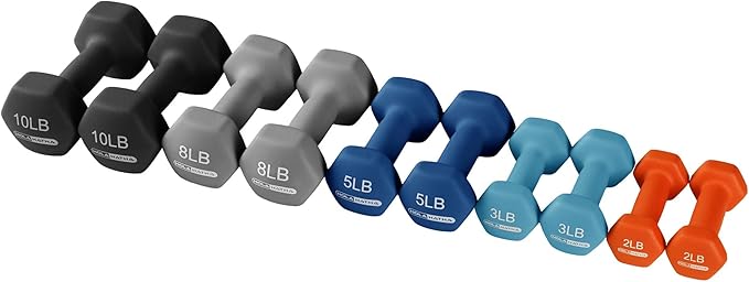 HolaHatha 2, 3, 5, 8, and 10 Pound Neoprene Dumbbell Free Hand Weight Set with Rack, Ideal for Home Exercises to Gain Tone and Definition, Pastel