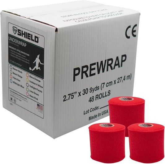 Shield Athletic Underwrap | Bulk Case of 48 Rolls of PreWrap, Hair Tie, Headband, USA Made, Pre-Wrap Athletic Tape, 2.75" X 30 SYards, Foam Barrier, Flexible, Breathable (Red)