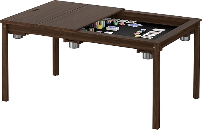 MUPATER Solid Wood Board Game Table with 58” x 33” Gaming Space and Removable Table Top, Modular Game and Dining Table for Adults, Includes Cup Holders and Leatherette Play Mat