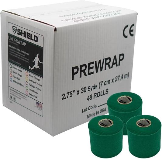 Shield Athletic Underwrap | Bulk Case of 48 Rolls of PreWrap, Hair Tie, Headband, USA Made, Pre-Wrap Athletic Tape, 2.75" X 30 SYards, Foam Barrier, Flexible, Breathable (Green)