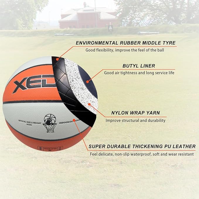 XEDGE Basketball 28.5” Size 6 Indoor Outdoor Leather Basketball Set