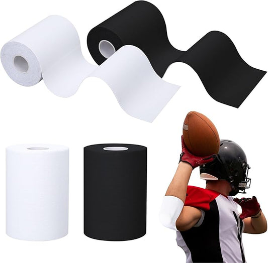 2 Rolls Football Turf Tape, 4 in X 10.9 Yd Extra Wide White Black Turf Tape Football, Flexible, Breathable, Easy to Cut Kinesiology Tape, Athletic Arm Tape Protect Elbows from Turf Burn(Black,White)