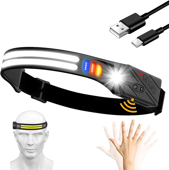 1200mAh Rechargeable Battery Headlamp Flash Light, Lumens Led Headlamp 230 Wide Beam Adjustable Headband, Night Fishing Headlight for Buddy Adult Forehead Camping Running Outdoor Wave Sensor Modes