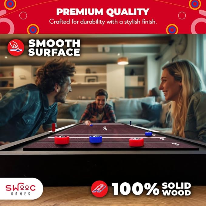 Swooc Games® | 2-in-1 Premium Shuffleboard and Curling | 100% Solid Wood Shuffleboard Table (4ft) | 5+ Ways to Play | Tabletop Games for Adults & Kids | Shuffle Board Game Table Top, Bar & Indoor Game