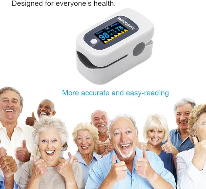 WRINERY Fingertip Pulse Oximeter, Oxygen Saturation Monitor, O2 Saturation Monitor, OLED Portable Oximetry with Batteries, Lanyard (Gray-White)