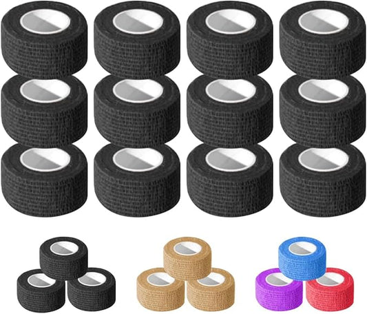 OZER 12 Pack 1 Inch x 5 Yards Self Adhesive Bandage Breathable Cohesive Bandage Wrap Rolls Elastic Self-Adherent Tape for Stretch Athletic, Sports, Wrist, Ankle (1 lnch Black, 1lnch)