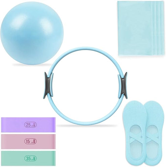 Pilates Essential Kit - Home Pilates Equipment Set - with Toning Pilates Ring & Long Resistance Bands & 3 Level Pilates Loop Bands & Soft Pilates Ball & Pilates Grip Socks