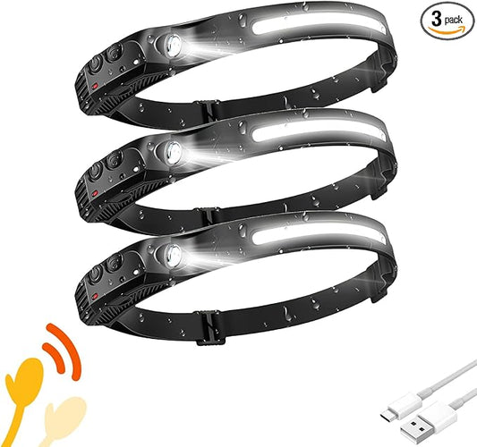 Headlamp 3 PCS, 230° Wide Beam Head Lamp, Motion Sensor LED Headlamp Rechargeable, 5 Mode Headlight Flashlight for Camping Fishing Hiking Gear, Bright, and Ideal for Hard Hats and Forehead Use!