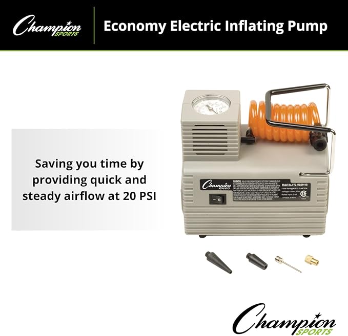 Champion Sports Electric Ball Inflator with Needle - Quiet Air Compressor for Basketball, Soccer, Volleyball & Sports Balls, High PSI Rating, Fast Inflation, 110-120V AC Power for Gym & School Use