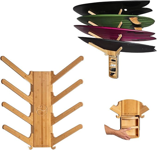 LISS The Sun Rack - Premium Wood Surfboard Wall Mount Rack Display, Ski, Snowboard Holder for 4 Boards for Garage & Home Storage with Built-In Drawer & Hooks for Longboards Shortboards, Wakeboards